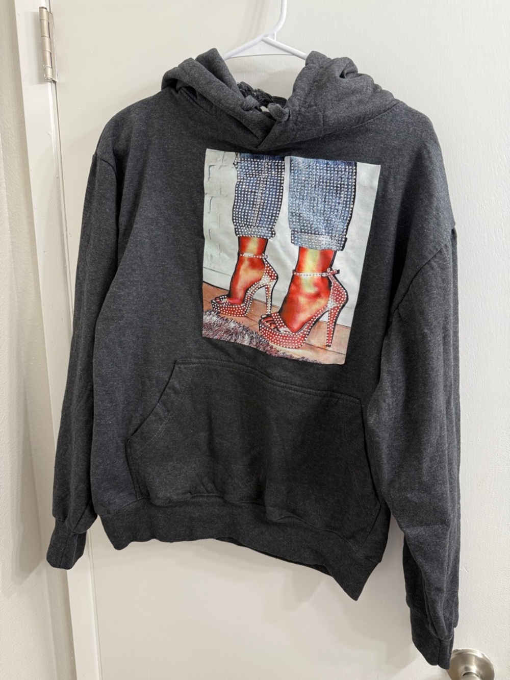 Dark Gray Women's Graphic Hoodie with Studded Heel Print
